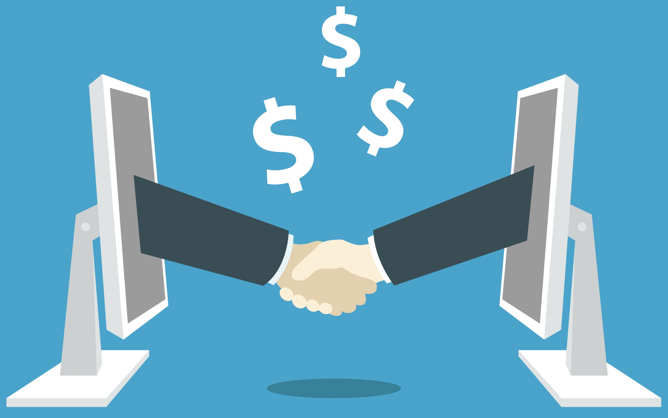 Graphic of a handshake between two arms emerging from opposite screens, with dollar signs above