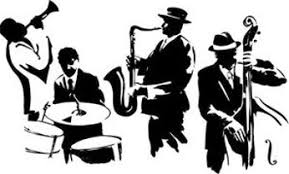 Graphic of a jazz quartet with a horn player, drummer, tenor saxophonist and bassist